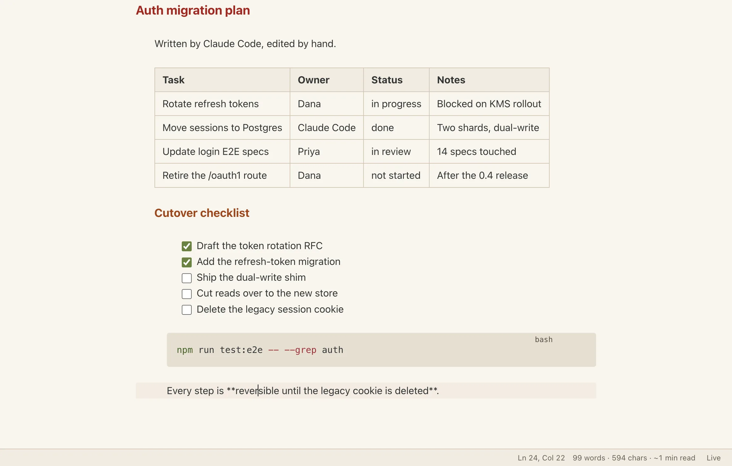 Marksidian in Live Preview showing an agent-written migration plan: a rendered task table, a checklist, a bash code block, and a line with the cursor on it showing raw ** bold markers.
