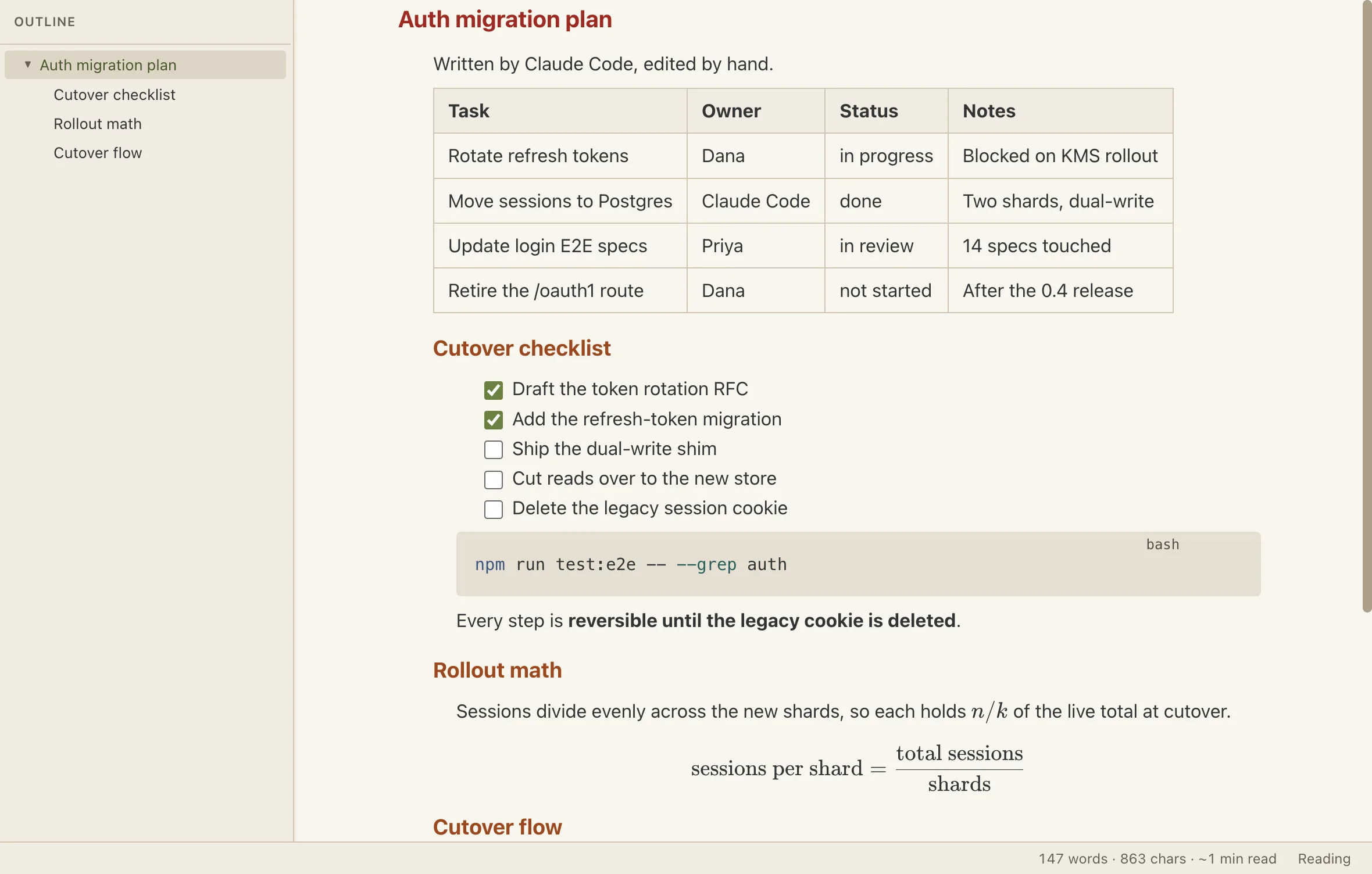 Reading mode with an outline panel on the left listing Auth migration plan, Cutover checklist, Rollout math and Cutover flow. On the right the file is fully rendered: a four-column task table, a checklist with the first two boxes ticked, a bash code block, and a KaTeX equation. The status bar reads 147 words, 863 chars, about a one minute read.