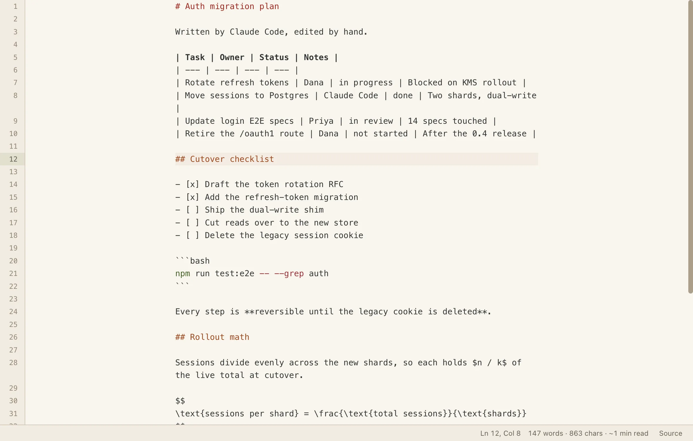 Source mode showing plan.md as raw Markdown with line numbers down the left: pipe-table rows, a task list with [x] and empty boxes, a fenced bash block, a paragraph with raw ** markers, and the start of a $$ math block. The cursor is on line 12, the ## Cutover checklist heading, and the status bar reads Ln 12, Col 8.