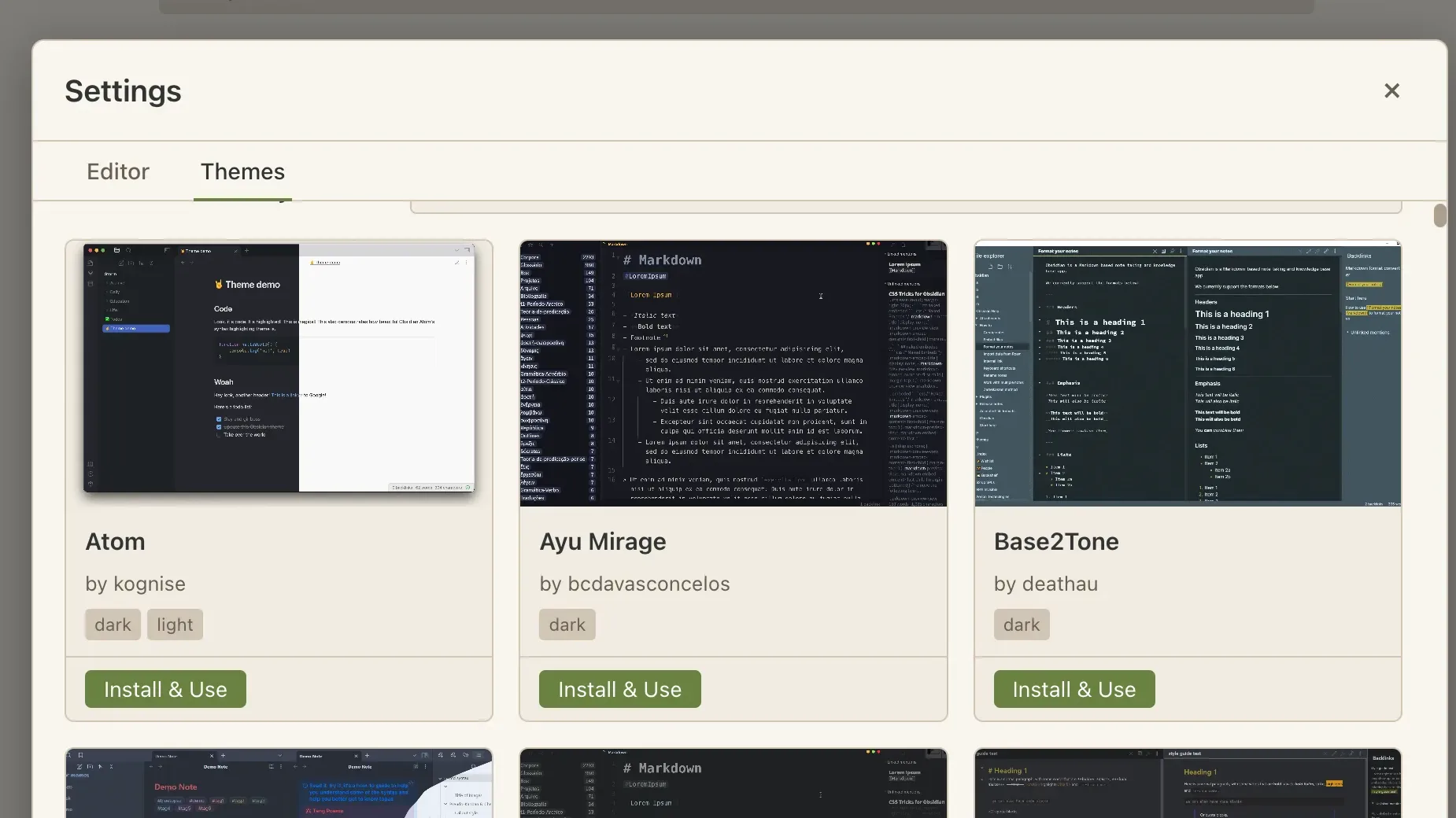 The Settings window on the Themes tab, showing a grid of community themes with preview screenshots, author names, light and dark tags, and Install & Use buttons.